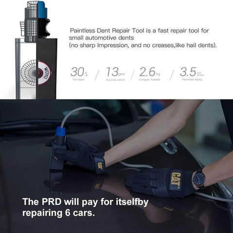 Heavy Duty 800W Paintless Dent Repair Hammer With Digital Display Plus Gloves to Slash Repair Time on Soft Dings and Dents Quick 30 Second Action No Paint Whack for Sedans Trucks Vans in use on a car.