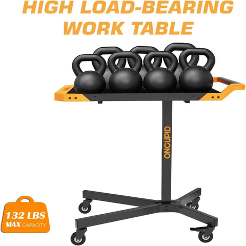 Adjustable Height Mobile Work Table With Rolling Tool Cart And Drills Storage, Heavy Duty Metal Mechanic Workbench On Wheels For Garage, Workshop, And Bike Repair, Orange And Black with kettlebells on top