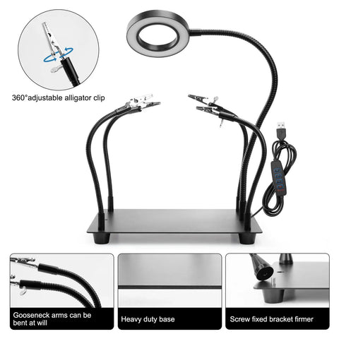 Four Arm Soldering Gear With 5X Magnifier And Light, PCB Holder And Third Hand Tool, Non Slip Steel Weighted Base, product display