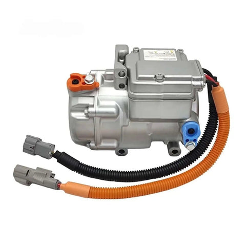 Universal 18CC DC Electric AC Compressor Smooth Operation 12V 48V 72V 96V R134a Scroll design with electrical connectors and hoses.