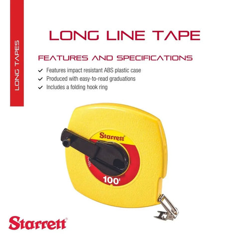 Retractable Long Tape Measure With Durable ABS Case And Folding Hook, 100 Feet Of 3/8 Inch Wide Imperial Tape on white background.