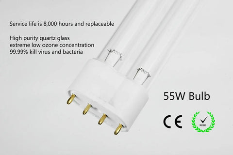 UV Power Light 55 Watt Germ Zapper bulb image shows 55W UV-C quartz glass bulb details for air sanitizer.