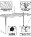 One Tier Steel Wire Shelving Unit With Adjustable Storage Rack Setup Measuring Thirty Inches By Fourteen Inches with chrome finish and non-slip base.