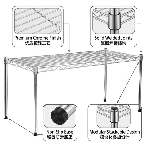 One Tier Steel Wire Shelving Unit With Adjustable Storage Rack Setup Measuring Thirty Inches By Fourteen Inches with chrome finish and non-slip base.