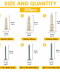 All In One Drywall Anchor Kit With Self Drilling Nylon Anchors And Screws, 300 Piece Set In Durable Organizer Case, Three Sizes For Quick No Sweat Mounting In Wood, Metal, And Drywall. Size chart showing 32, 33, and 42 mm anchors with matching screws