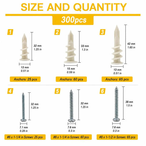 All In One Drywall Anchor Kit With Self Drilling Nylon Anchors And Screws, 300 Piece Set In Durable Organizer Case, Three Sizes For Quick No Sweat Mounting In Wood, Metal, And Drywall. Size chart showing 32, 33, and 42 mm anchors with matching screws