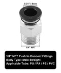 1/4" NPT male straight push-to-connect fitting for 8mm tube, durable metal, shown with measurement details