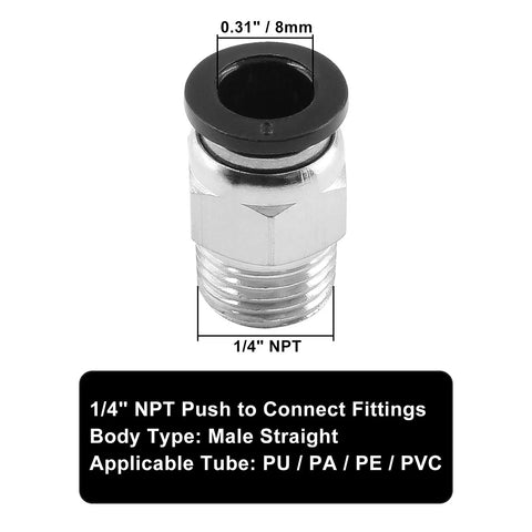 1/4" NPT male straight push-to-connect fitting for 8mm tube, durable metal, shown with measurement details
