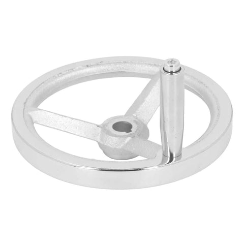 Heavy Duty Cast Iron Hand Wheel With Chrome Plated Finish for Milling Machines Lathes and Grinders showing side view and handle