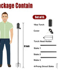 Illustration of Outdoor Metal Torch Set Six Pack, 16oz Citronella Torches with five-prong stakes, adjustable height, package contents shown.