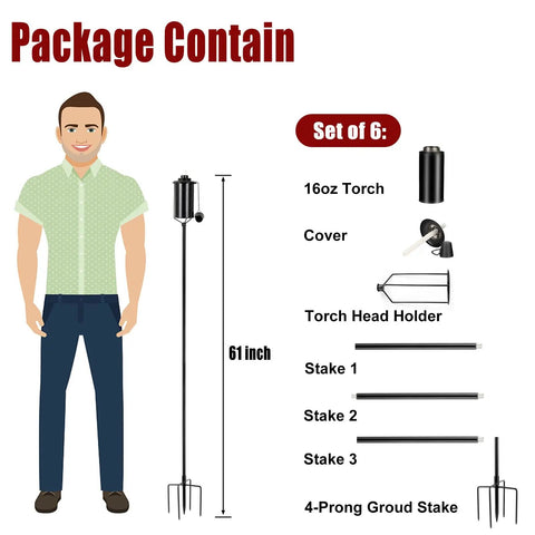 Illustration of Outdoor Metal Torch Set Six Pack, 16oz Citronella Torches with five-prong stakes, adjustable height, package contents shown.