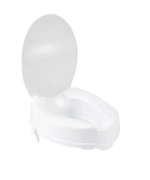 Raised Toilet Seat With Lock And Lid For Seniors And Disabled Cleanable Surface 4 Inch Height, open lid view.