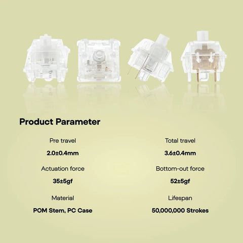 Whisper Quiet Mechanical Keyboard Switch Kit 35 Pieces Factory Prelubed 5Pin Linear And Tactile Silent Switches For Custom Keyboards Crystal Silent Edition Smooth Low Noise Typing; POM stem, PC case, 2.0mm pre-travel