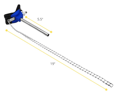 EISCO clamp with 5.5-in stainless rod and 19-in chain; blue body for securing beakers and flasks.