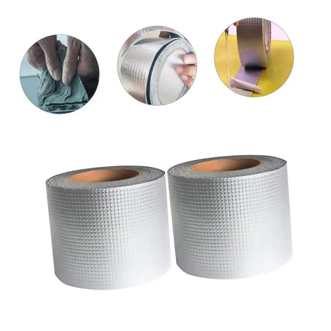Image showing two rolls of Heavy Duty Butyl Aluminum Foil Tape Sealant 2 Rolls That Work Like A Champ For Emergency Roof Leak Repair And Window Crack Fix Outdoor Pipe Leak Stop Tape Waterproof Sealing Tape For Glass Metal Wood Plastic Tiles And More.