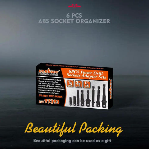 Front view of Eight Piece Impact Socket Adapter Set For One Quarter Inch Three Eighths Inch And One Half Inch Drives Quick Change Drill Chucks Heavy Duty Vanadium Steel With Black Oxide Finish Torque Compression Hex Shank Adapters For Tough Jobs in packaging.