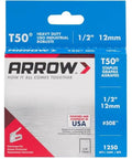 Heavy Duty One Half Inch T50 Steel Staples In A Massive Twelve Five Zero Pack, 1250 count for indoor tasks with standard nail guns.