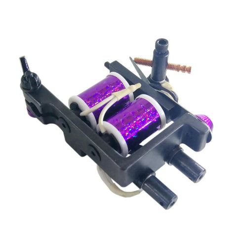 Shader Tattoo Machine Coil Kit 1.25 Inch 24 AWG 10 Wrap Copper Wire Non Bobbin 47uF 50V With 1018 Low Carbon Steel Frame US 8-32 Thread showing purple coils