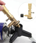 Pro Grade Brass Bunsen Burner With Tripod Stand, Large Capacity Gas Torch attached to a gas tank showcasing adjustable flame knob