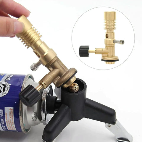 Pro Grade Brass Bunsen Burner With Tripod Stand, Large Capacity Gas Torch attached to a gas tank showcasing adjustable flame knob