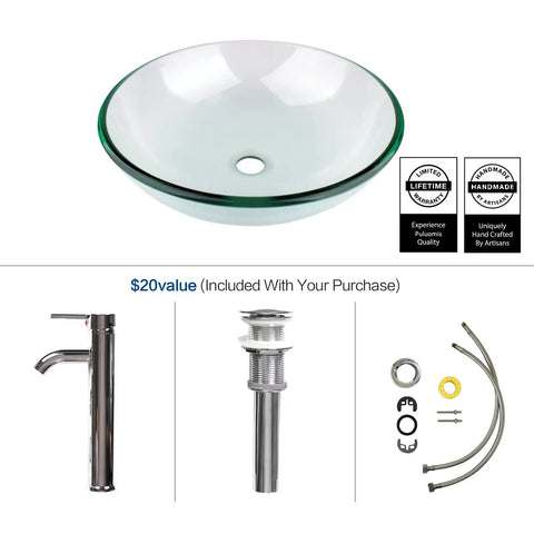 Crystal Glass Vessel Sink With Faucet Set For Bathroom Vanity, Round Bowl Design, Tempered Glass Build, Modern Chrome Faucet, 16.5 Inch Wide, Sleek Easy Install, Durable And Stylish