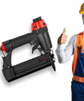 Heavy Duty 18 Gauge Brad Nailer And Narrow Crown Stapler Combo With Compact Aluminum Body, shown with a happy worker giving a thumbs up.