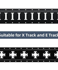 Heavy Duty E Track J Hooks Set For Enclosed Trailers And Cargo Vans X Track Compatible Steel Hanger Anchors 12 Piece Trailer Storage Gear With Spring Fittings Black shown with rail compatibility.