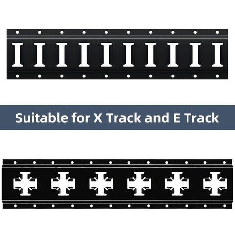 Heavy Duty E Track J Hooks Set For Enclosed Trailers And Cargo Vans X Track Compatible Steel Hanger Anchors 12 Piece Trailer Storage Gear With Spring Fittings Black shown with rail compatibility.