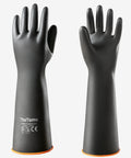 Heavy Duty Chemical Resistant Latex Gloves 18 Inch Waterproof Puncture Resistant For Industrial Cleaning And Gardening, front and back view.