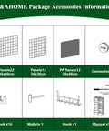 Interlocking Wire Cube Storage Unit And Divider System package contents including panels, connectors, hooks, and manual.