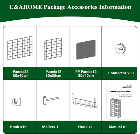 Interlocking Wire Cube Storage Unit And Divider System package contents including panels, connectors, hooks, and manual.