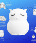 Kid Friendly Remote Control Owl Night Light For Kids, 9 Soft Color Modes, Sleep Timer, Rechargeable USB Lamp shown with features