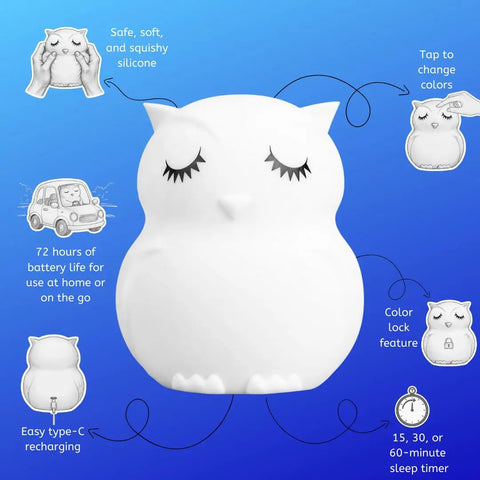 Kid Friendly Remote Control Owl Night Light For Kids, 9 Soft Color Modes, Sleep Timer, Rechargeable USB Lamp shown with features