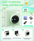 Kids Instant Print Camera With 1080P HD Video, Green Toy For Snaps And Printing, Portable Digital Camera For Playtime, Frames, Music, Games, Flashlight, Black And White Print Mode, Kid Friendly And Sturdy Design, 3.54in
