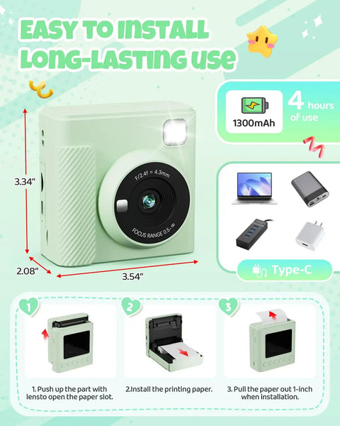 Kids Instant Print Camera With 1080P HD Video, Green Toy For Snaps And Printing, Portable Digital Camera For Playtime, Frames, Music, Games, Flashlight, Black And White Print Mode, Kid Friendly And Sturdy Design, 3.54in