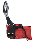 Brake assembly for Craftsman lawn mower, red housing with black lever, side view