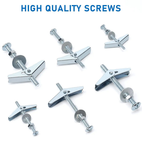 Heavy Duty Metal Drywall Anchors Kit With Toggle Bolts Three Size Set One Eighth Inch Twelve Pieces, Three Sixteenth Inch Eight Pieces, One Quarter Inch Six Pieces, Holds 68, 95, And 120 Lbs, A Must Have For Hanging Shelves And Pics, metal toggle bolt drywall anchors with screws on white