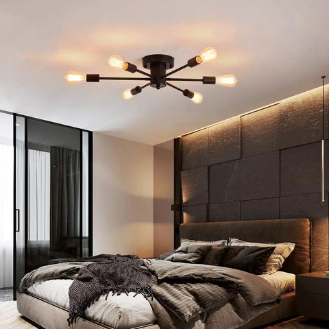 Bedroom with Six Light Sputnik Ceiling Light Dope Matte Black Semi Flush Mount Edison Chandelier Industrial Farmhouse Fixture