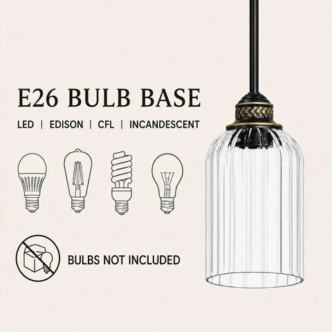 HXXLFONEDP 3 Pack Kitchen Island Pendant Lights, Ribbed Glass, Black with E26 bulb base showing clear ribbed design.