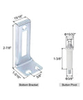Four Pack Pro Grade Bifold Door Hardware Bottom Pivot Set With Support Metal Plate For Bi Fold Pocket Doors Includes Bottom Pivot And Bracket Fits Closet Doors From One Inch To One And Three Eighths Inches Thick Durable Replacement Kit showing bottom bracket and button pivot with dimensions.