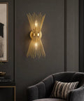 Brass Vanity Light Mid Century Starburst Wall Sconce With Two Light Modern Wall Mounted Bath Fixture on dark wall background