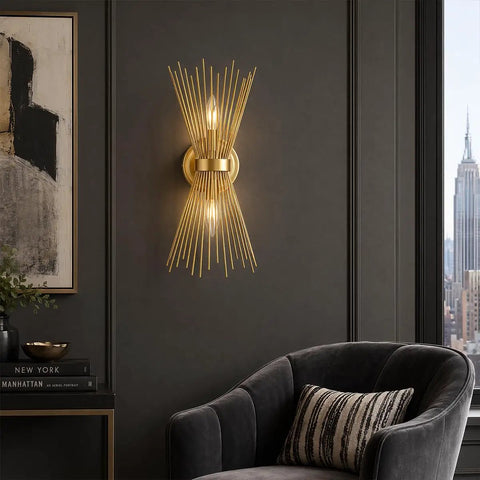 Brass Vanity Light Mid Century Starburst Wall Sconce With Two Light Modern Wall Mounted Bath Fixture on dark wall background