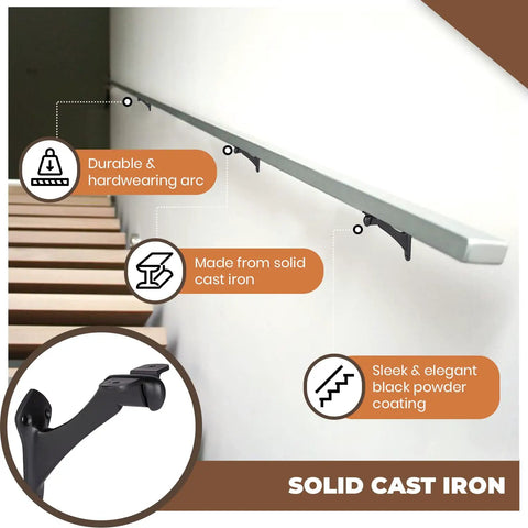 Close-up of heavy duty metal handrail brackets set of 8 cast iron stair railing brackets for indoor and outdoor use black powder coat