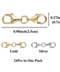 24 Pack Gold Double Lobster Claw Clasps for Jewelry Making, Necklace Extenders and Closures, 12mm, shown in gold and silver.