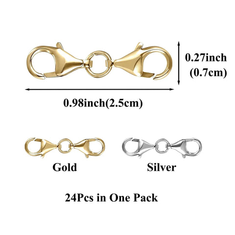 24 Pack Gold Double Lobster Claw Clasps for Jewelry Making, Necklace Extenders and Closures, 12mm, shown in gold and silver.