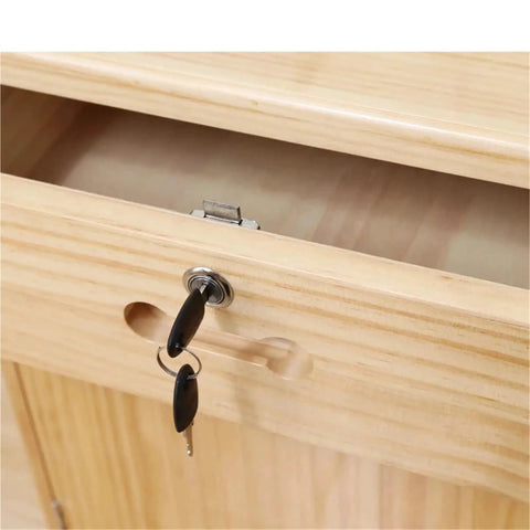 Copper Drawer Locks For Cabinets And Cupboards With Desk Hasp And Cam Lock Latch with keys inserted in wooden drawer