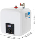 Under Counter Instant Electric Water Heater 1500 Watt Rapid Heat Small Tank Faucet Installation For Kitchen Sink And Bath Quick Warm Flow Smooth Top Shelf Finish, compact 29cm cube, digital controls.