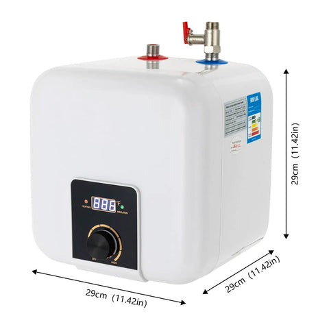 Under Counter Instant Electric Water Heater 1500 Watt Rapid Heat Small Tank Faucet Installation For Kitchen Sink And Bath Quick Warm Flow Smooth Top Shelf Finish, compact 29cm cube, digital controls.
