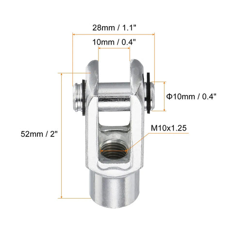Air Cylinder Rod Clevis End With Y Connector 52mm Length M10x1.25 Female Thread silver low carbon steel, front view