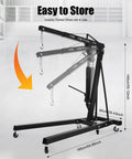Premium Heavy Duty Folding Hydraulic Engine Crane Cherry Picker Hoist easily folded for storage, showing dimensions and details.